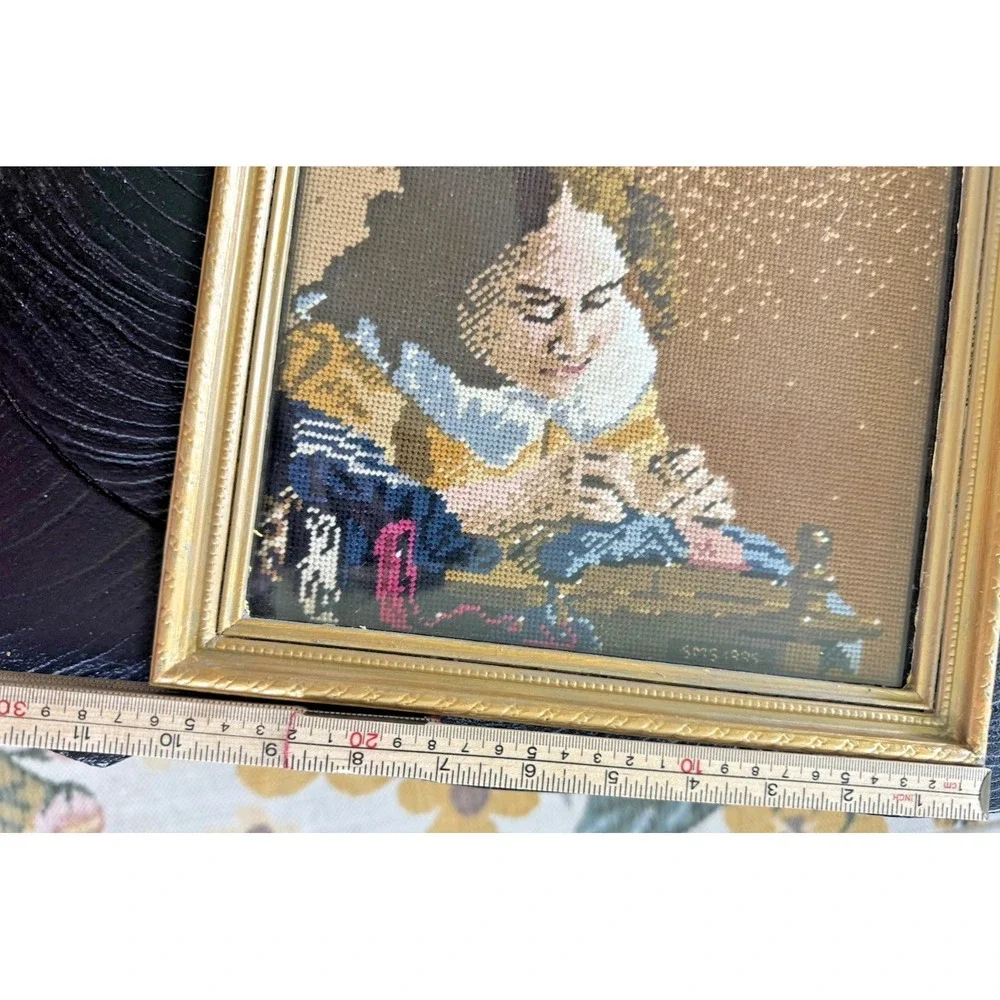 Vintage Framed Needlepoint Young Lady Sewing Cross Stitch Art Gold Frame 10x10
